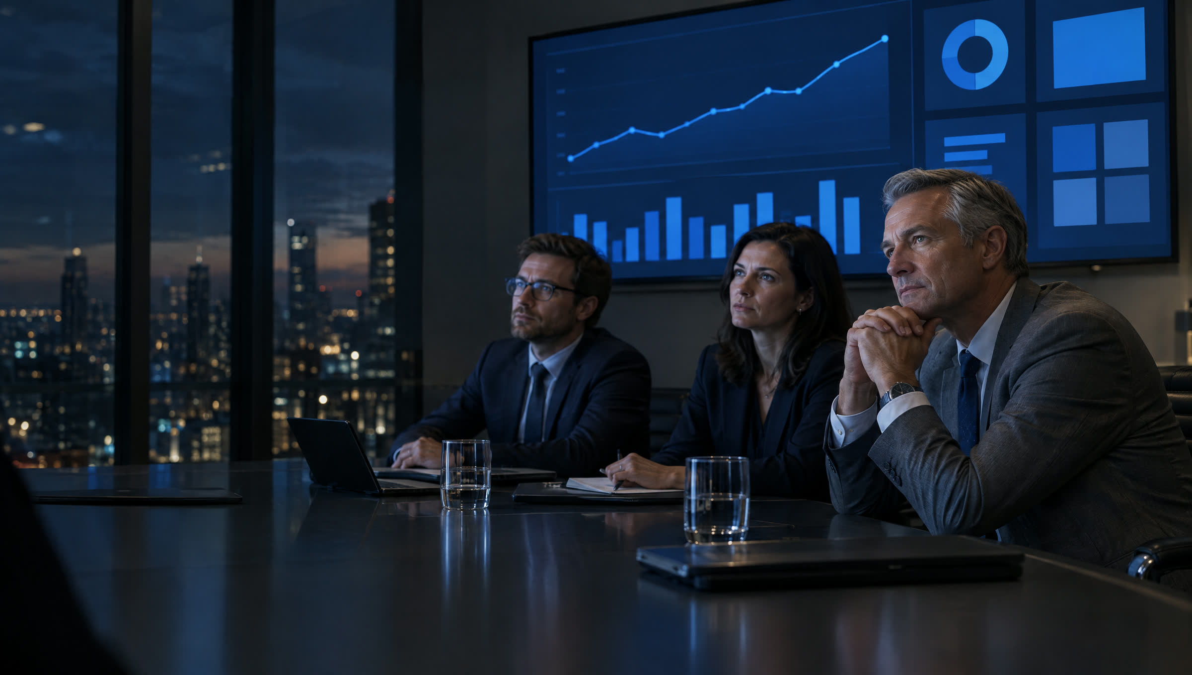 A CFO and two colleagues in a briefing room, a wall display of charts behind them