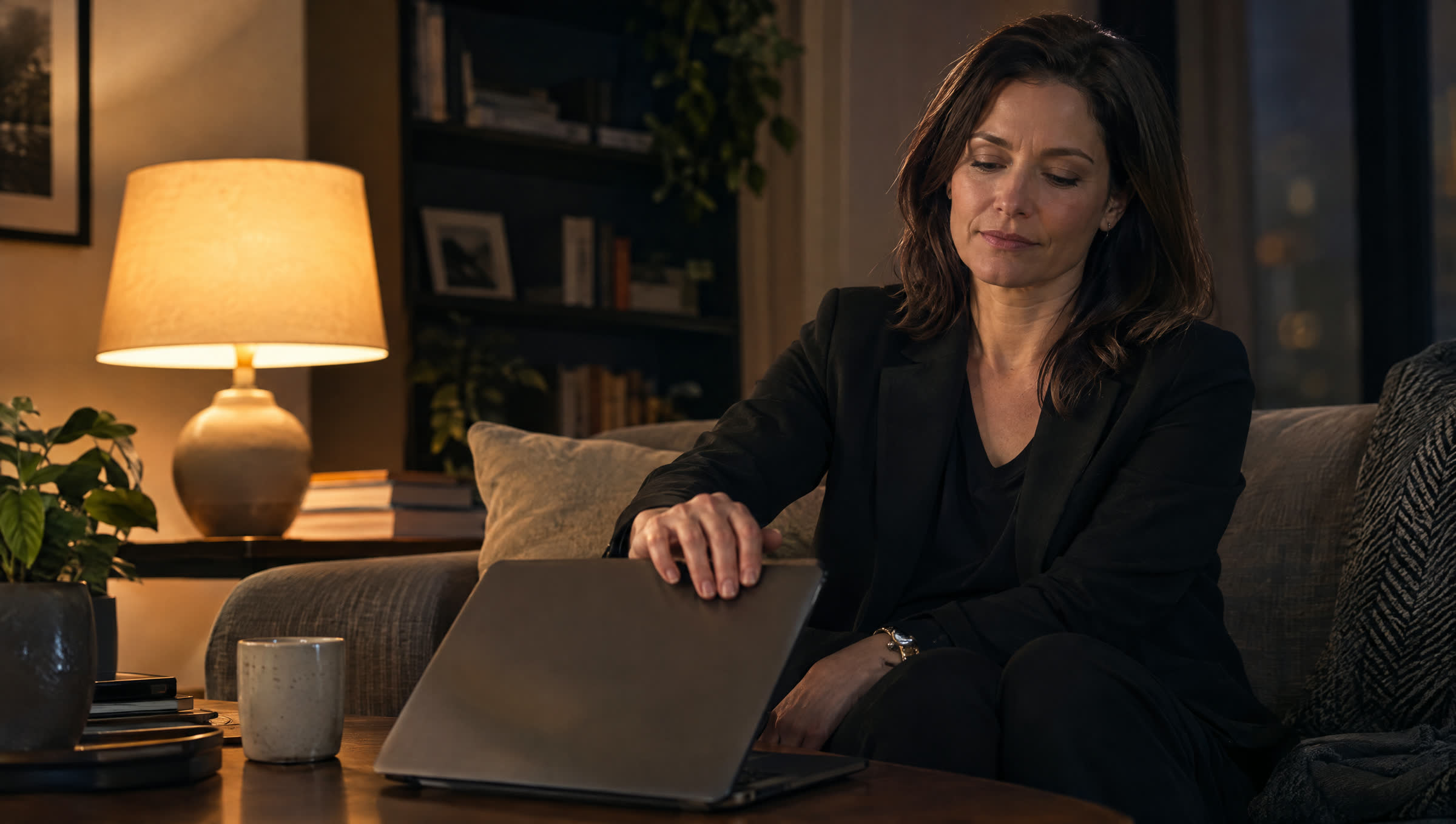 A customer at home in the evening quietly closing her laptop