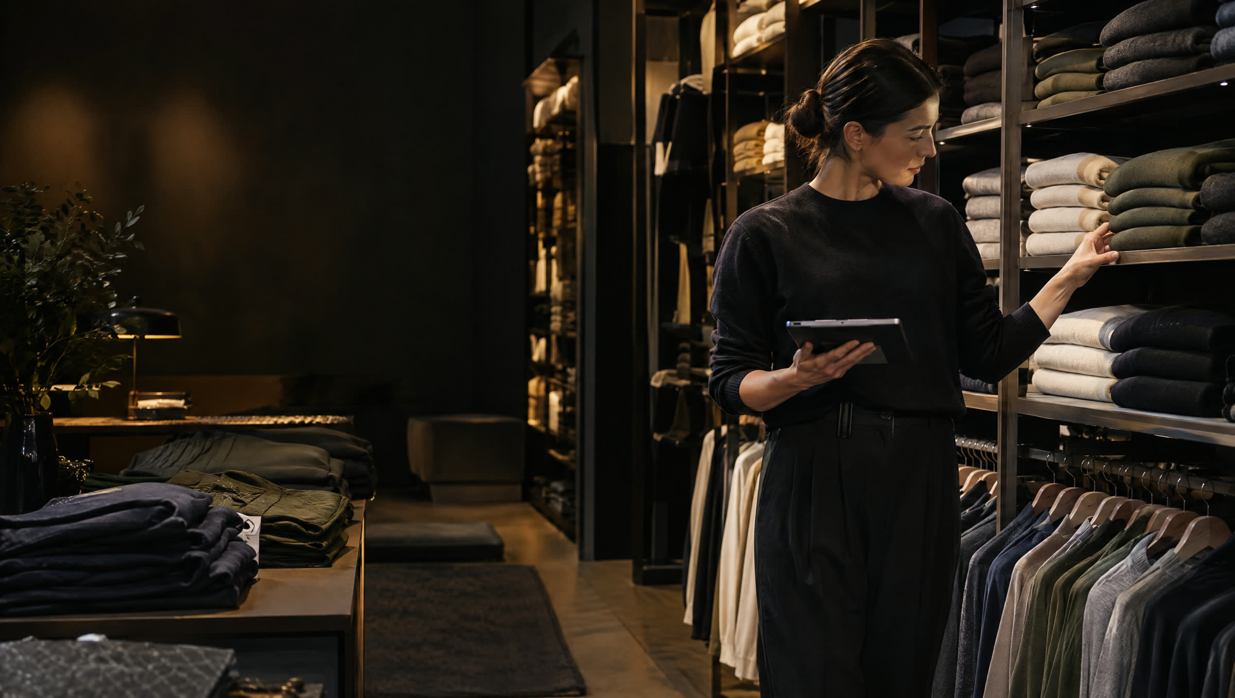A merchandising manager checking stock between racks of folded clothing after hours