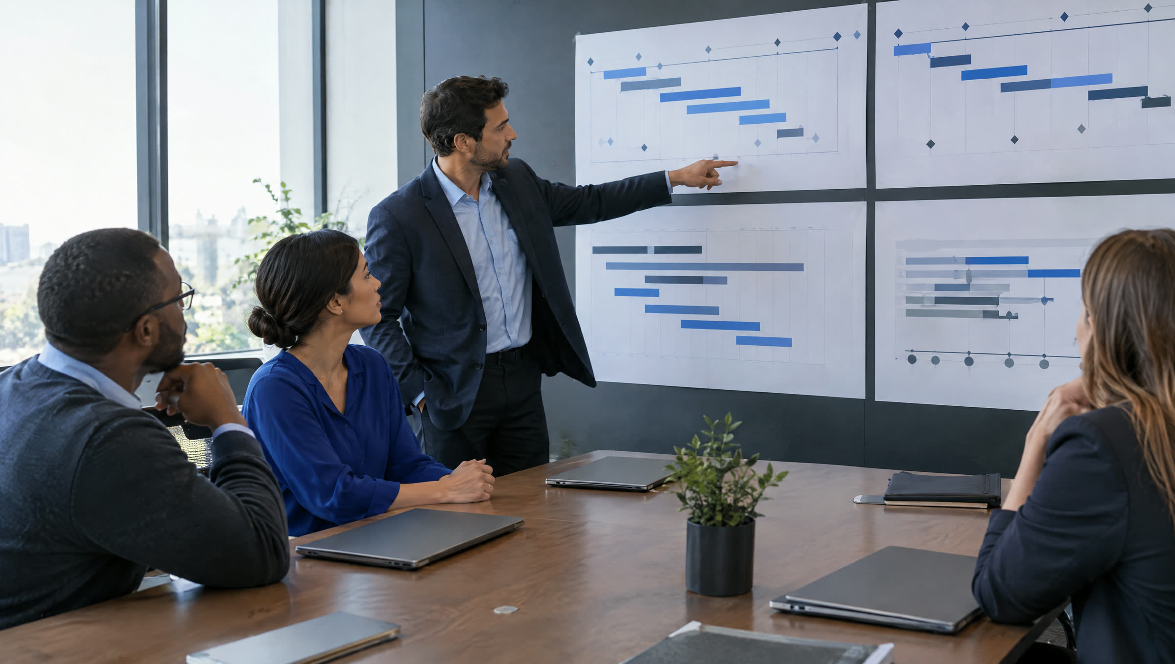 A delivery team around a table reviewing project timelines