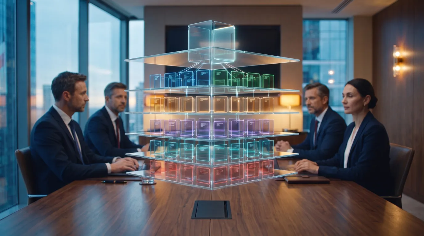 Four executives at a boardroom table around a glass tower of layered, color-coded information cards.