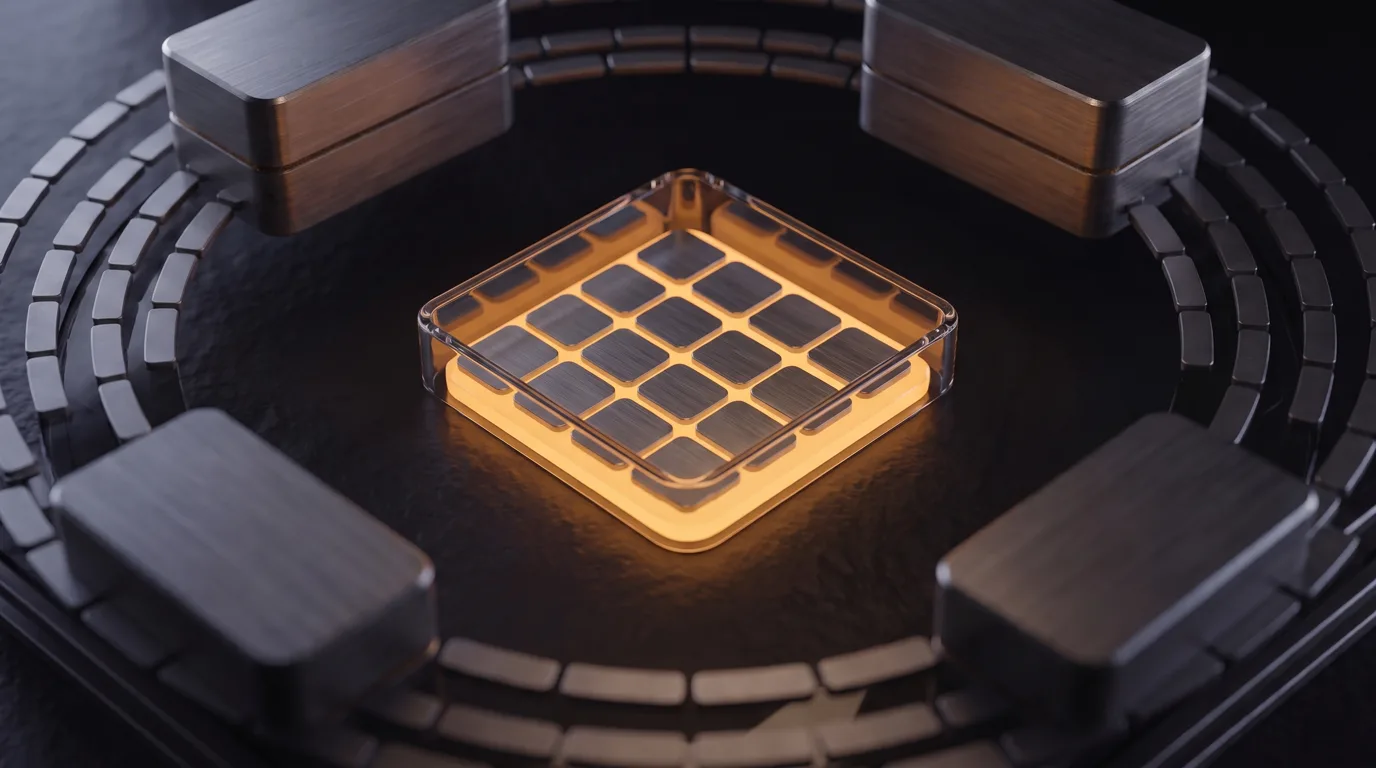 A render of the certified core: a lit grid of approved definitions held inside the vault ring